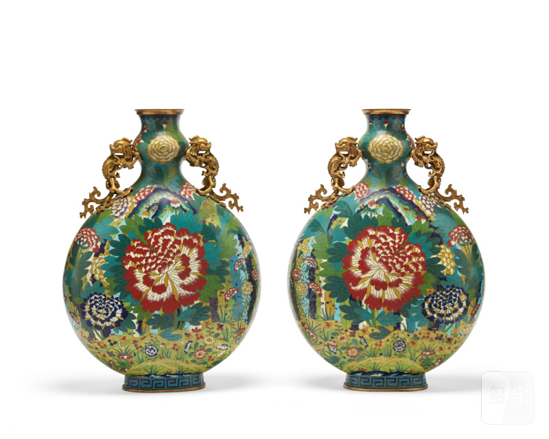 清十九世紀 掐絲琺琅雙龍耳牡丹龍鳳紋抱月瓶 一對  CHINA, QING DYNASTY, 19TH CENTURY - 图2